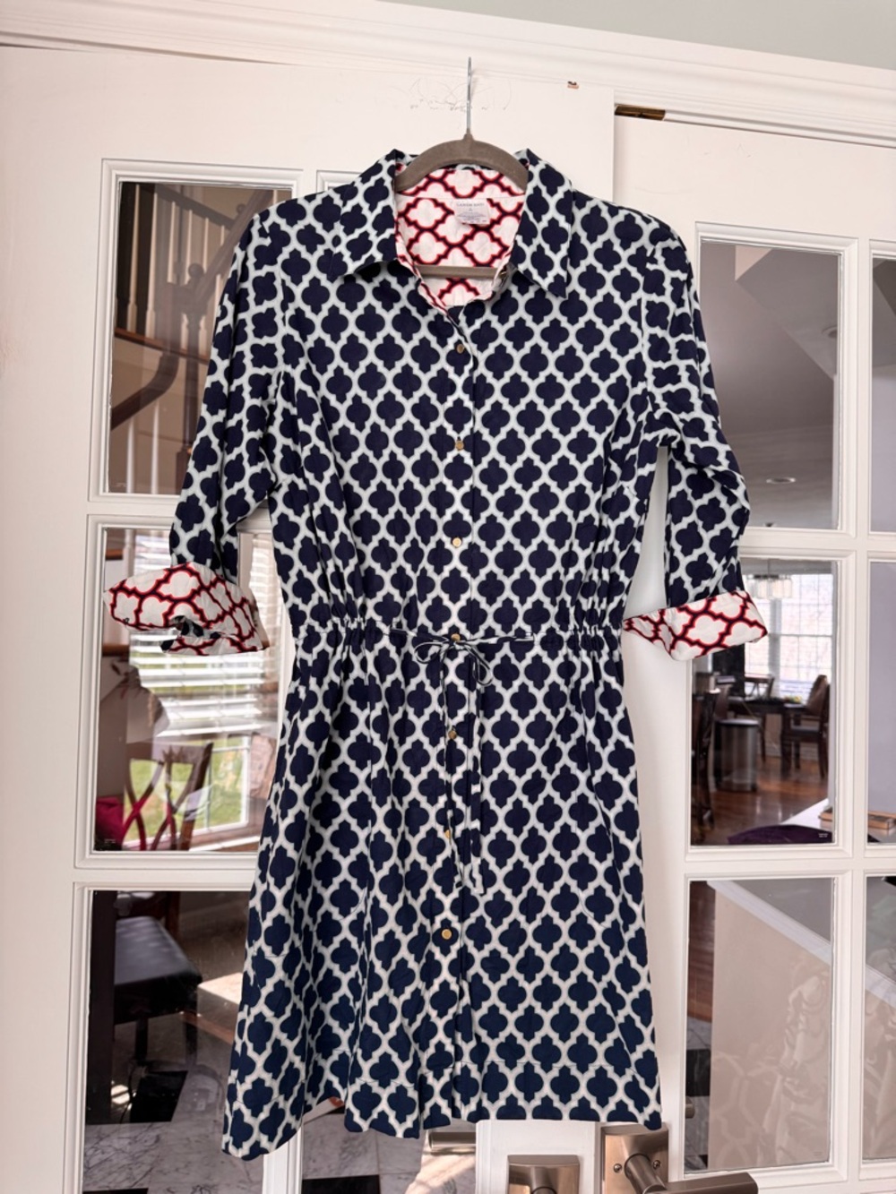 Lands' End Geometric Shirt Dress S (6-8) Navy Draw string waist Preppy Cotton